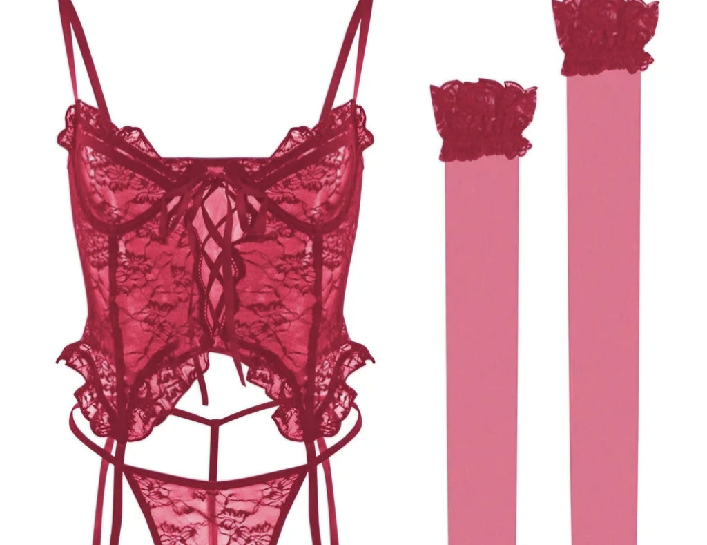 Ensemble en dentelle disponible en plusieurs coloris, rouge rose jaune noir blanc et violet et plusieurs taille